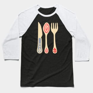 CUTLERY Retro Vintage Kitchen Utensils Knife Spoon Fork in Purple Pink and Red - UnBlink Studio by Jackie Tahara Baseball T-Shirt